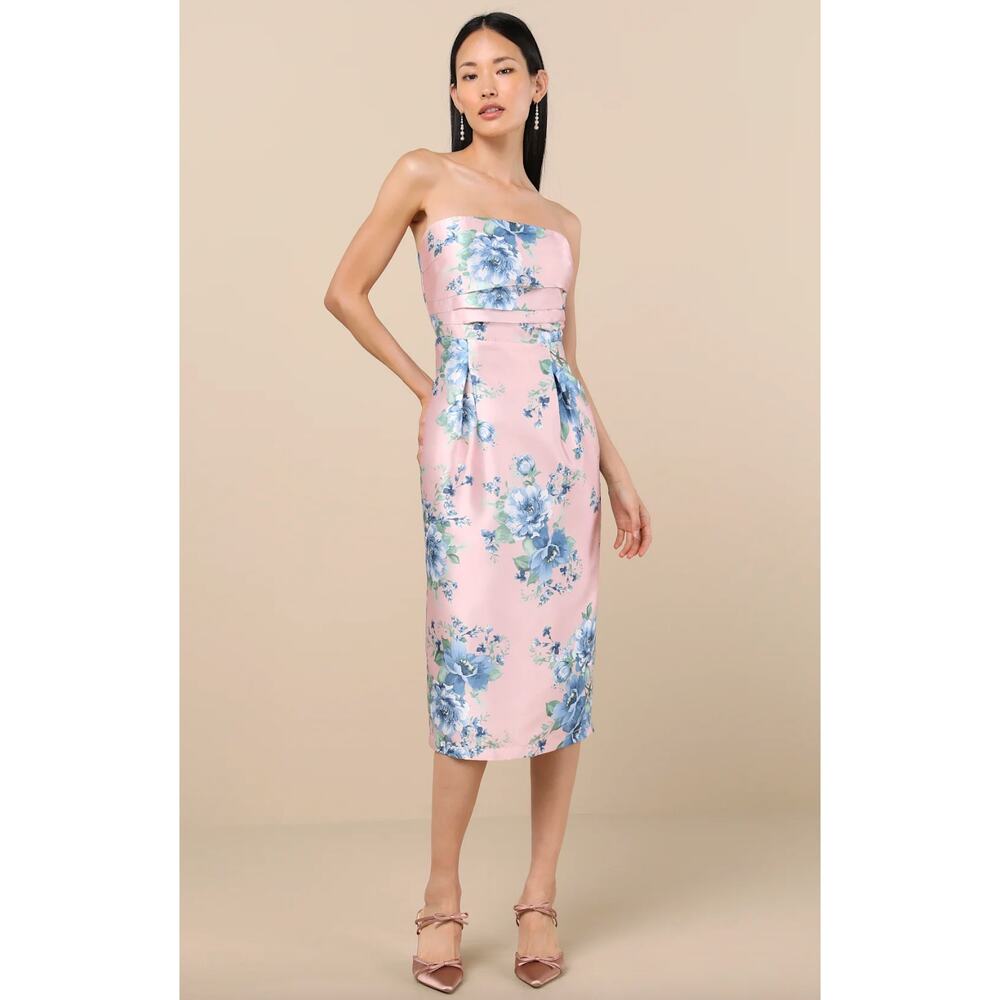 Lulus Aloysia Pink and Blue Floral Jacquard Strapless Midi Dress Cocktail XS NWT